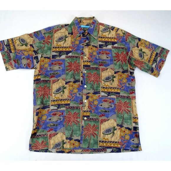 Vintage Tori Richard Hawaiian‎ Aloha Men Shirt Sz S Button Down Tree Fish Turtle - Picture 1 of 7